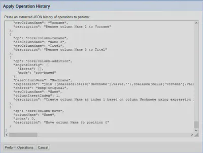 Dialog zum Anwenden von exportieren Operationen in OpenRefine.