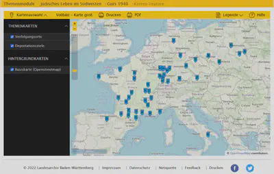 Bildschirmfoto der Kartenansicht des [Themenmodul Gurs](https://www.leo-bw.de/themenmodul/juedisches-leben-im-suedwesten/gurs) in LEO-BW.