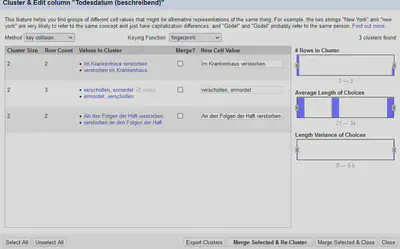 Bildschirmfoto vom Clustering Dialog mit der 'fingerprint' Methode.