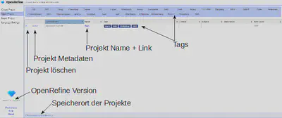 Bildschirmfoto von der Projektübersicht in OpenRefine.