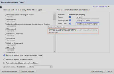 Bildschirmfoto der Einstellungen für den Reconciliation Vorgang mit Wikidata - Spalte State Code.