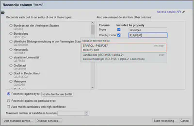 Bildschirmfoto der Einstellungen für den Reconciliation Vorgang mit Wikidata - Spalte Country Code.