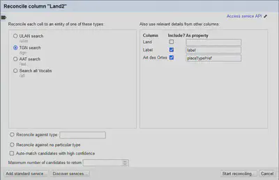 Bildschirmfoto der Einstellungen für den Reconciliation Vorgang mit Getty - Zusätzliche Eigenschaften.