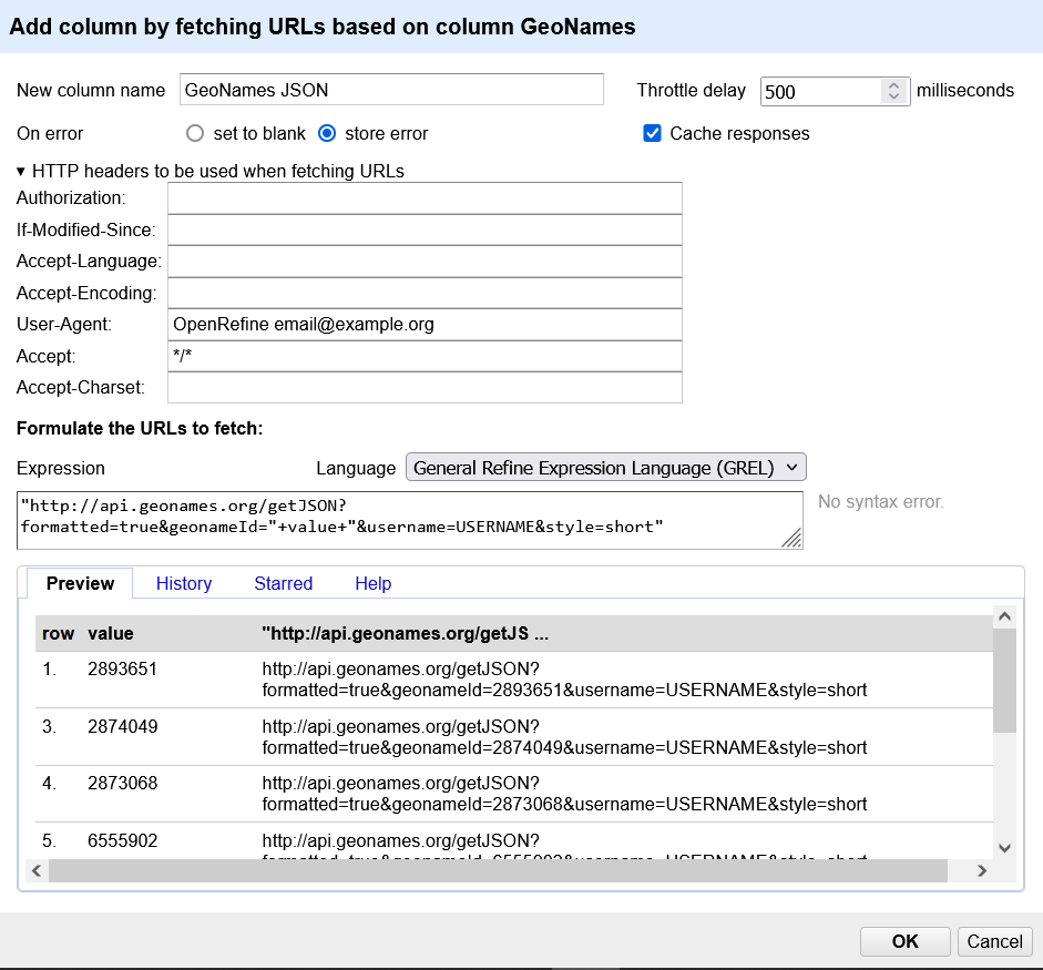 Bildschirmfoto des Dialogs zum Nachladen von URLs für GeoNames.