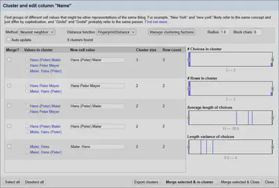 Bildschirmfoto des Clustering Dialogs mit kombiniertem *Fingerprinting* und Levenshtein-Algorithmus.