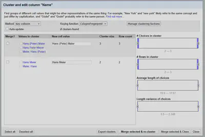 Bildschirmfoto des Clustering Dialogs mit kombiniertem *Fingerprinting* und *Cologne Phonetic* Algorithmus.