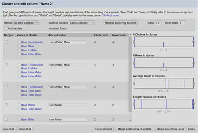 Bildschirmfoto des Clustering Dialogs mit *CosineDistance* Funktion.